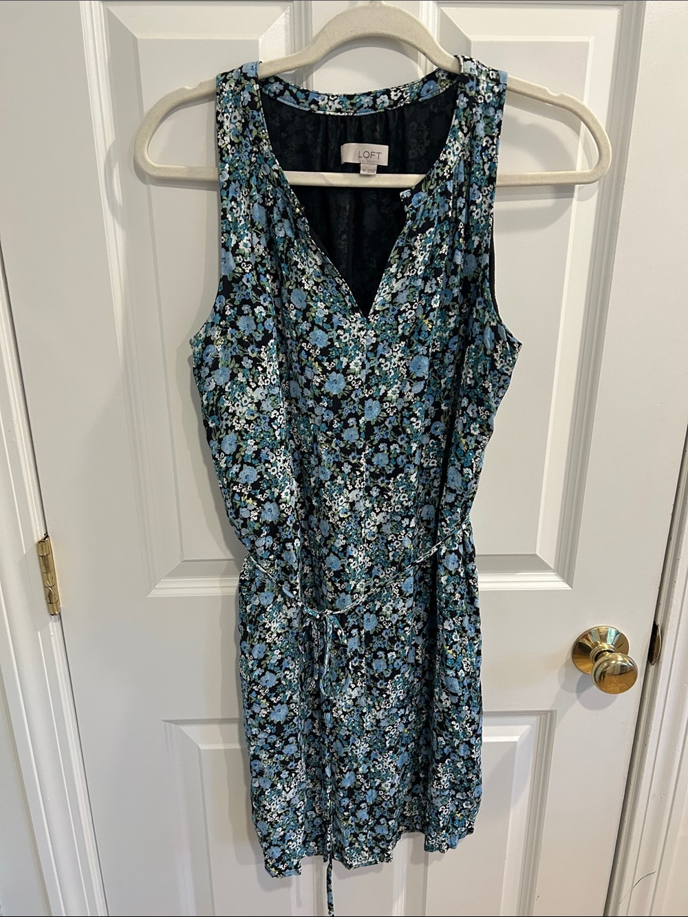 LOFT Black and Blue Floral V-Neck Tie-Waist Mini Dress